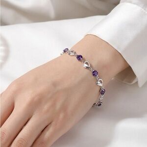 Silver Tone Heart Link Bracelet w/ Dark Purple Crystal Accents (Adjustable)